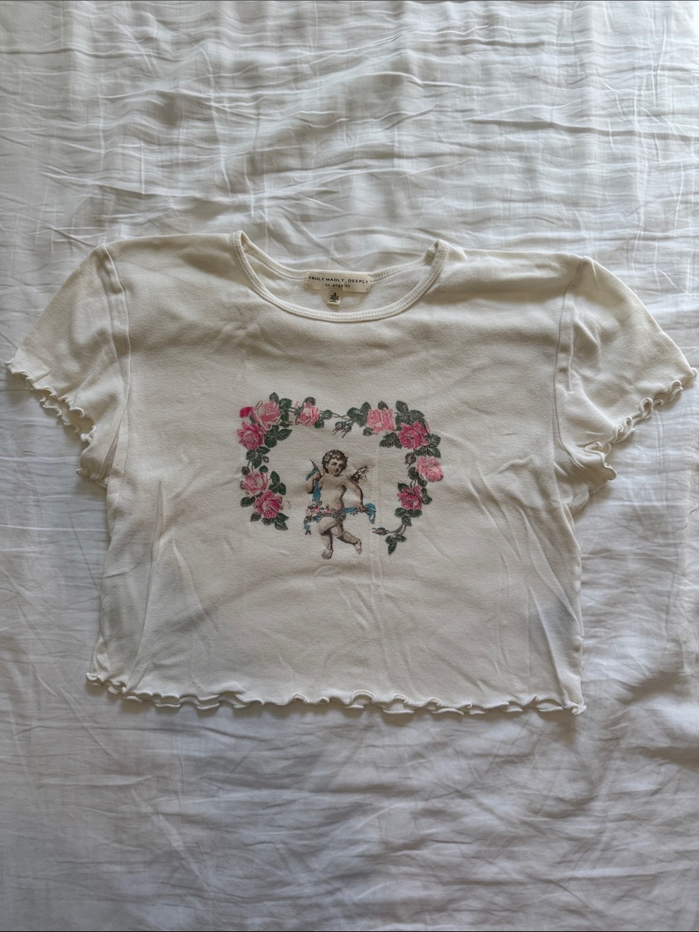 Truly Madly Deeply Cream Crop Tee with Pink Rose Wreath & Cherub